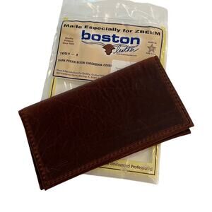 Boston Leather Checkbook Cover Bison Hide Dark Pecan Brown Made in USA Unisex